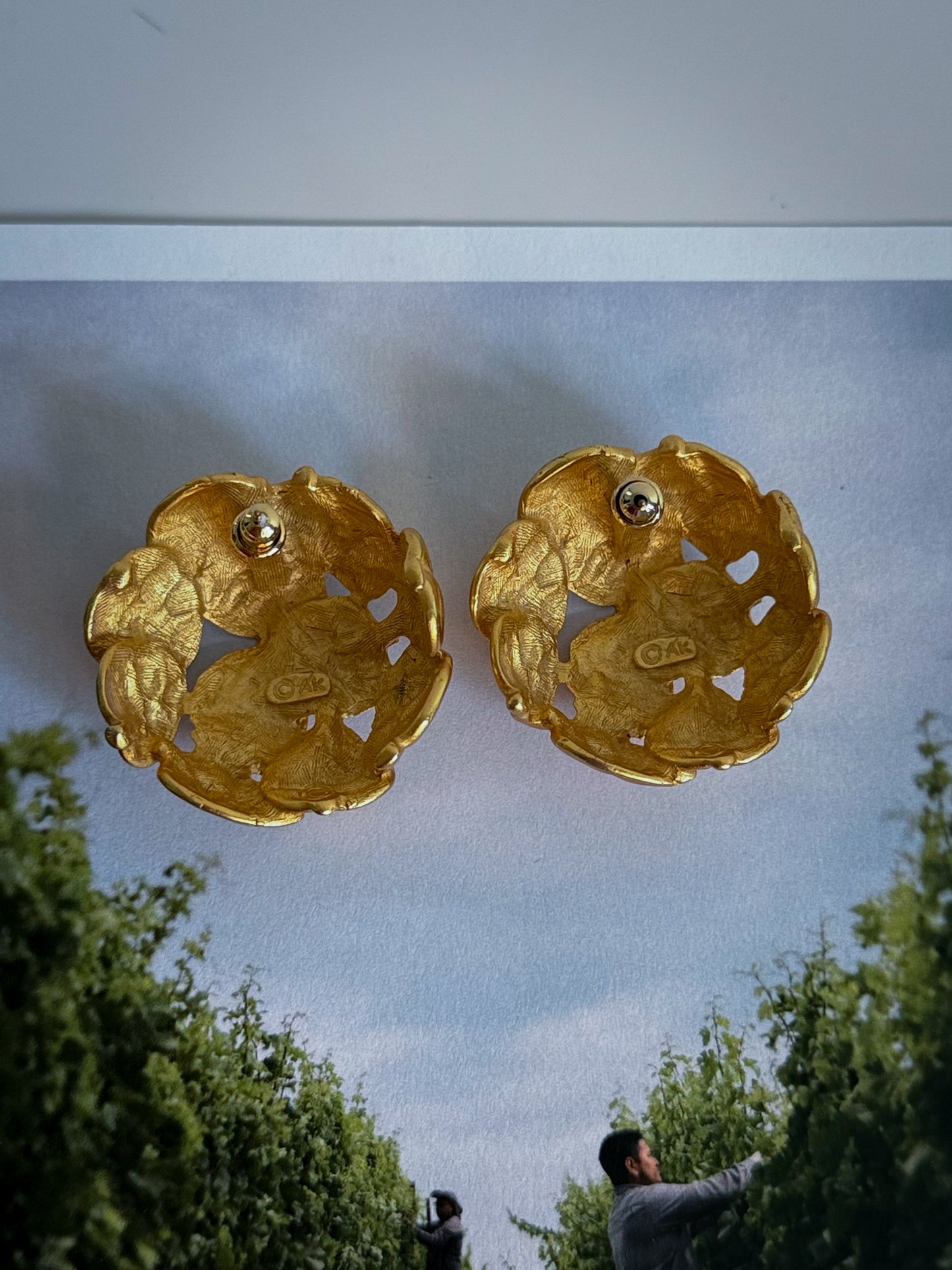 AK Gold-Tone Leaf Dome Earrings | Sculptural Botanical Design (c. 1980s–1990s)