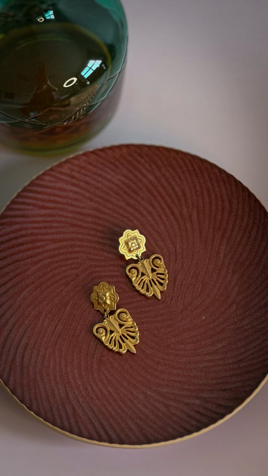 Gold-Tone Filigree Drop Earrings | Ornate Floral Stud & Scroll Design (c. 1970s–1980s)