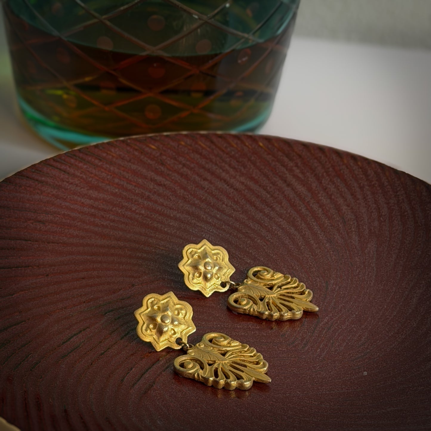 Gold-Tone Filigree Drop Earrings | Ornate Floral Stud & Scroll Design (c. 1970s–1980s)