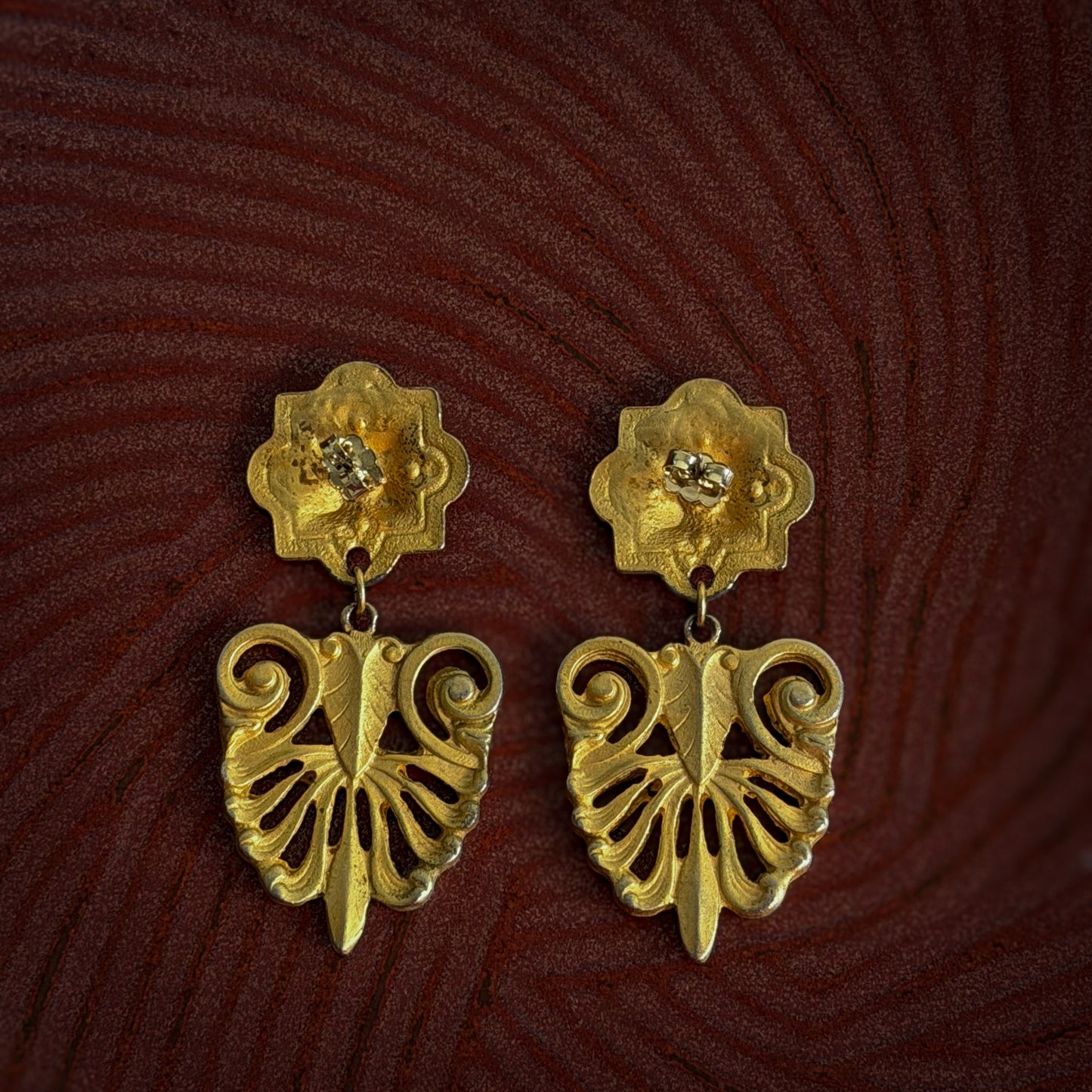 Gold-Tone Filigree Drop Earrings | Ornate Floral Stud & Scroll Design (c. 1970s–1980s)