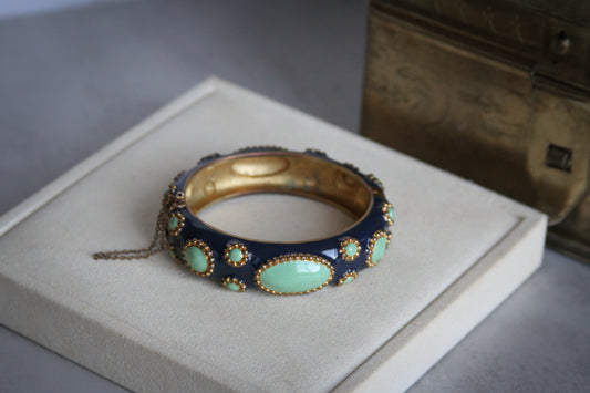 Navy Enamel Bangle with Green Cabochon Stones and Gold Beading