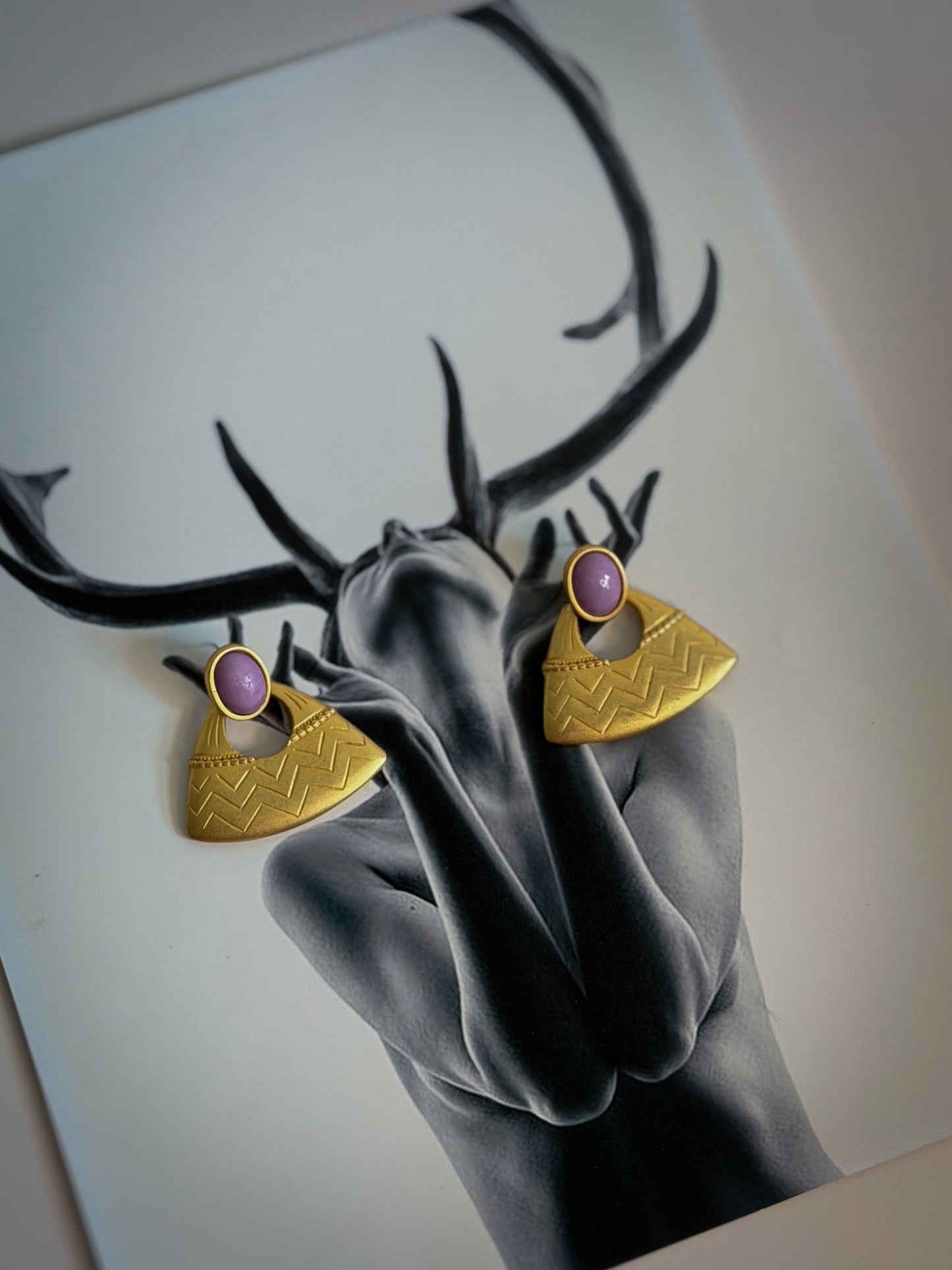 Gold-Tone Fan Drop Earrings with Lavender Cabochon | Art Deco–Inspired Pierced Statement Earrings
