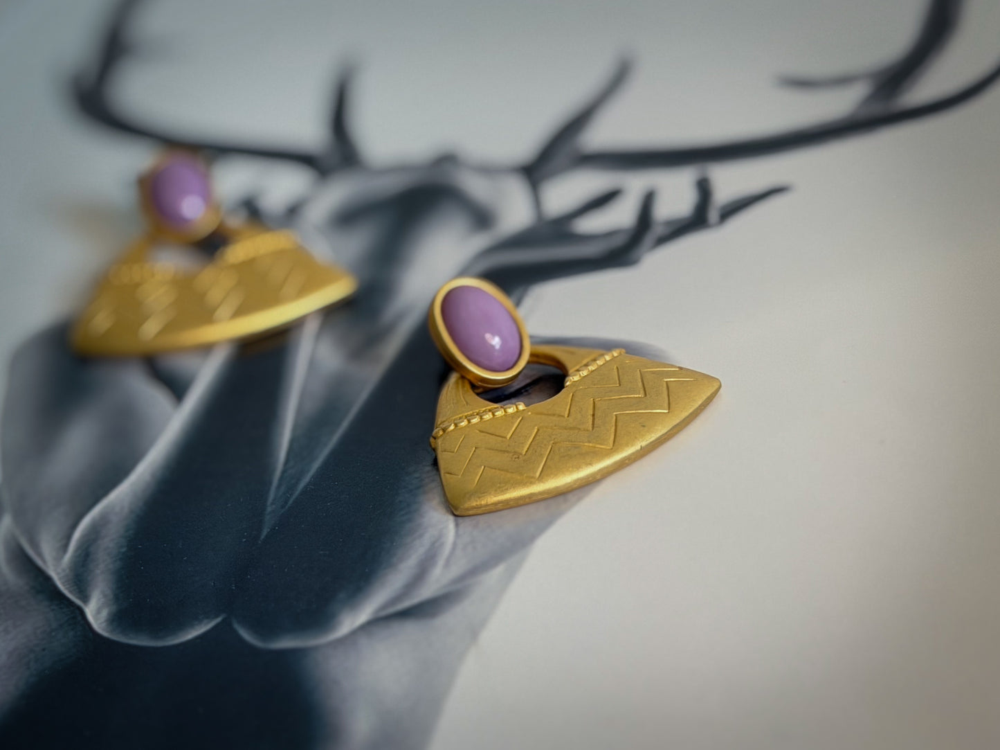 Gold-Tone Fan Drop Earrings with Lavender Cabochon | Art Deco–Inspired Pierced Statement Earrings