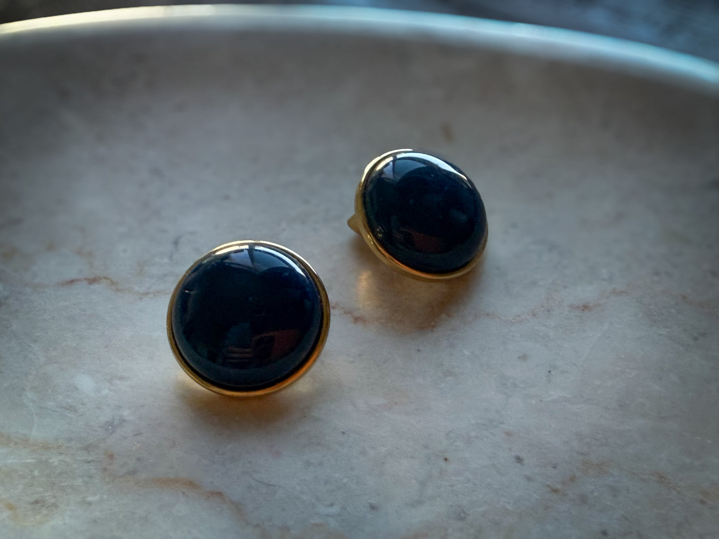 Blue Cabochon Clip-On Earrings | Gold-Tone Round Statement Earrings (PAT 273349L)