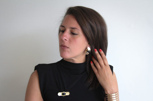 Aiwan Golden Orbit Brooch with Black Stone Center