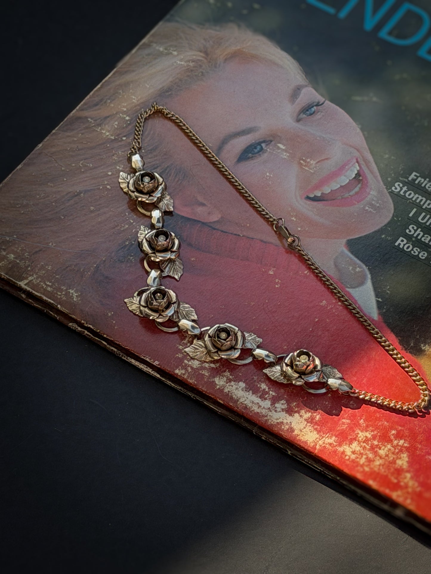 Gold-Tone Rose Link Necklace with Floral Motif