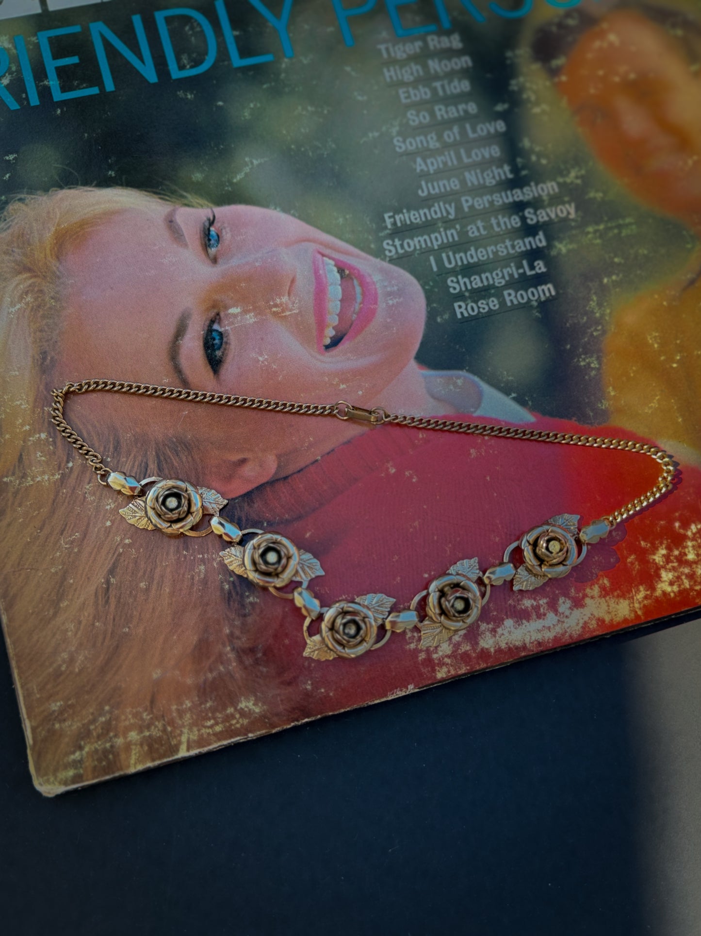 Gold-Tone Rose Link Necklace with Floral Motif