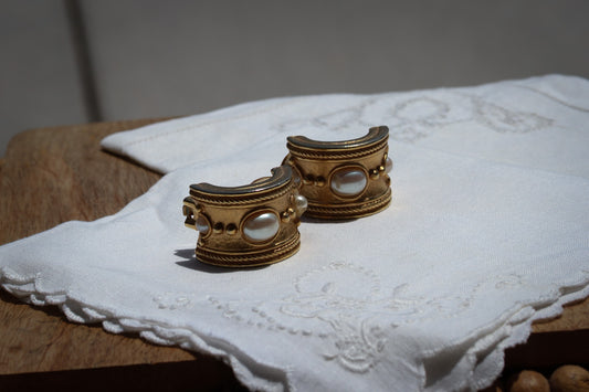 Ornate Gold-Tone Statement Clip-On Earrings with Faux Pearls