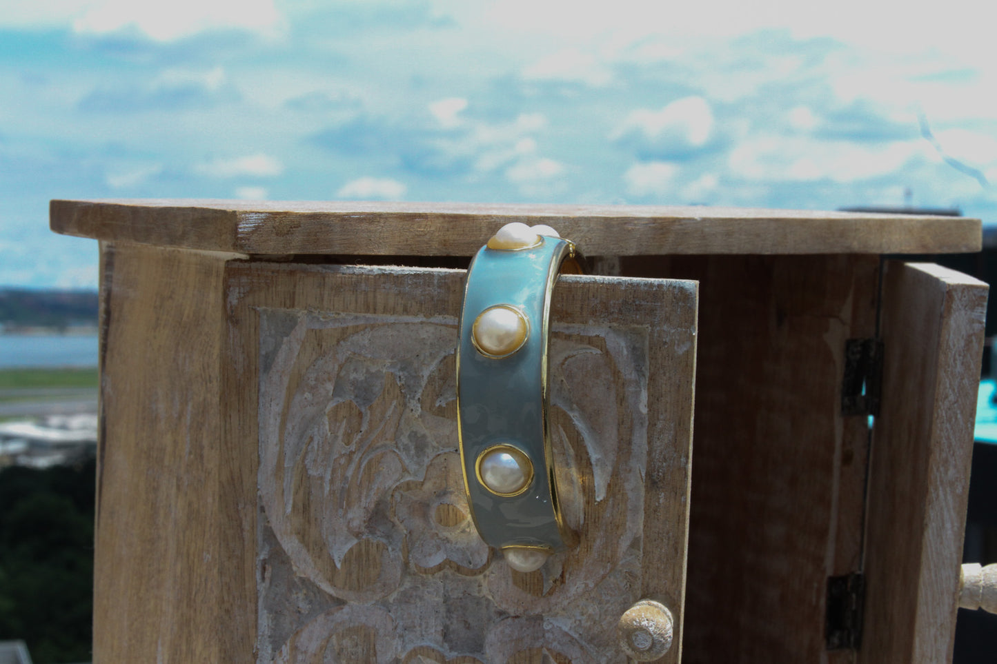 Sky Blue Enamel Bangle with Faux Pearls – 1990s Glam Revival