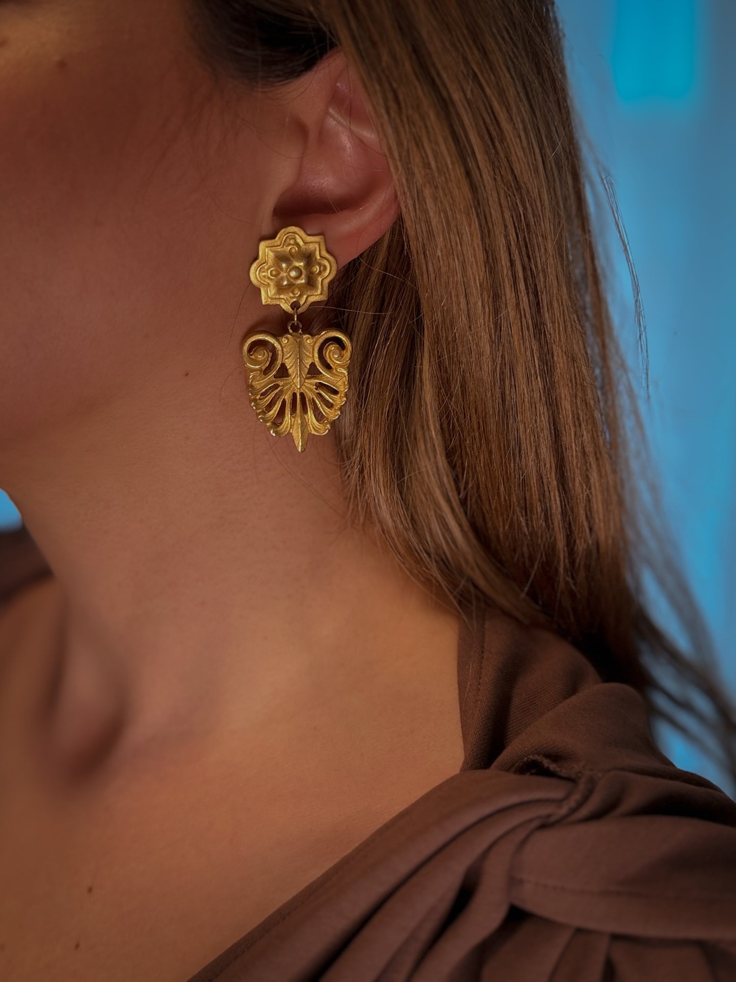 Gold-Tone Filigree Drop Earrings | Ornate Floral Stud & Scroll Design (c. 1970s–1980s)
