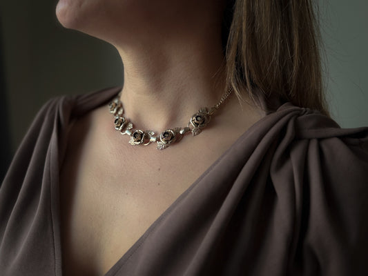 Gold-Tone Rose Link Necklace with Floral Motif