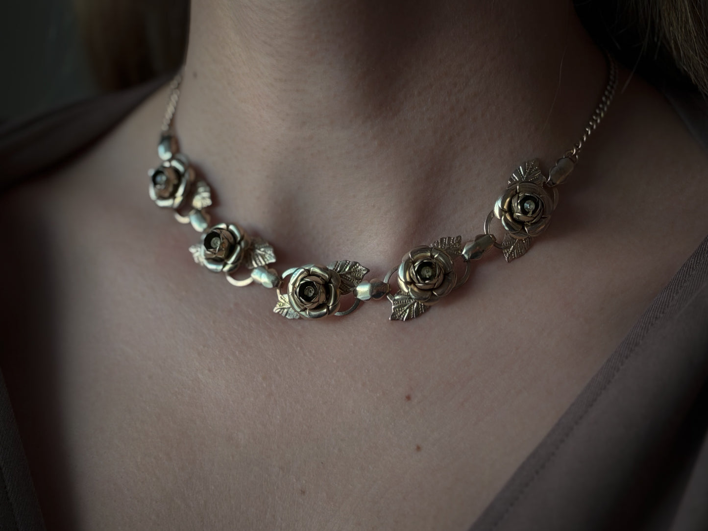 Gold-Tone Rose Link Necklace with Floral Motif