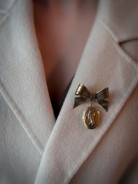 Gold-Tone Bow & Horse Locket Brooch