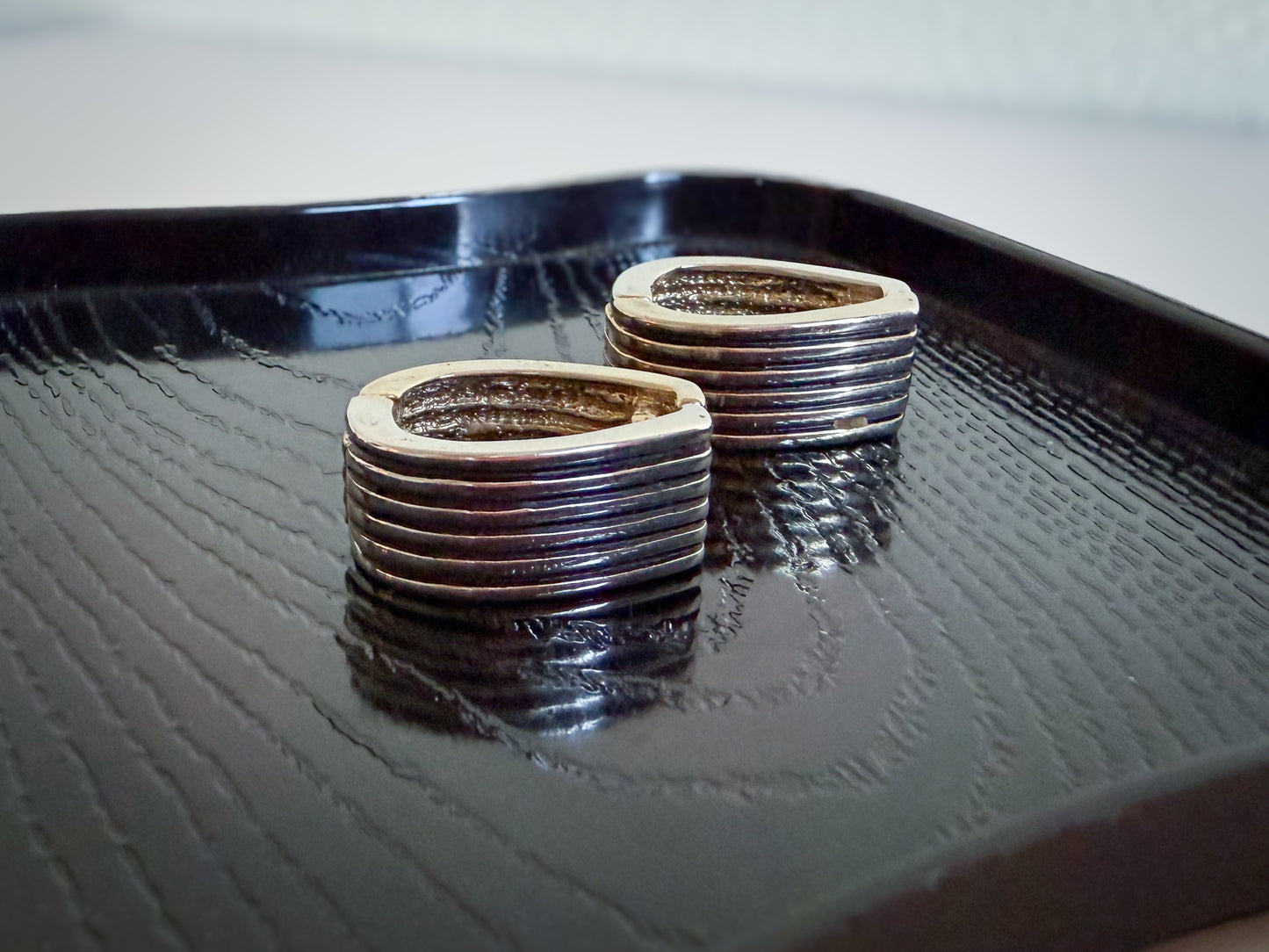 Ribbed Gold & Silver-Tone Clasp Earrings | Mid-Century Modern Sculptural Clip Ons