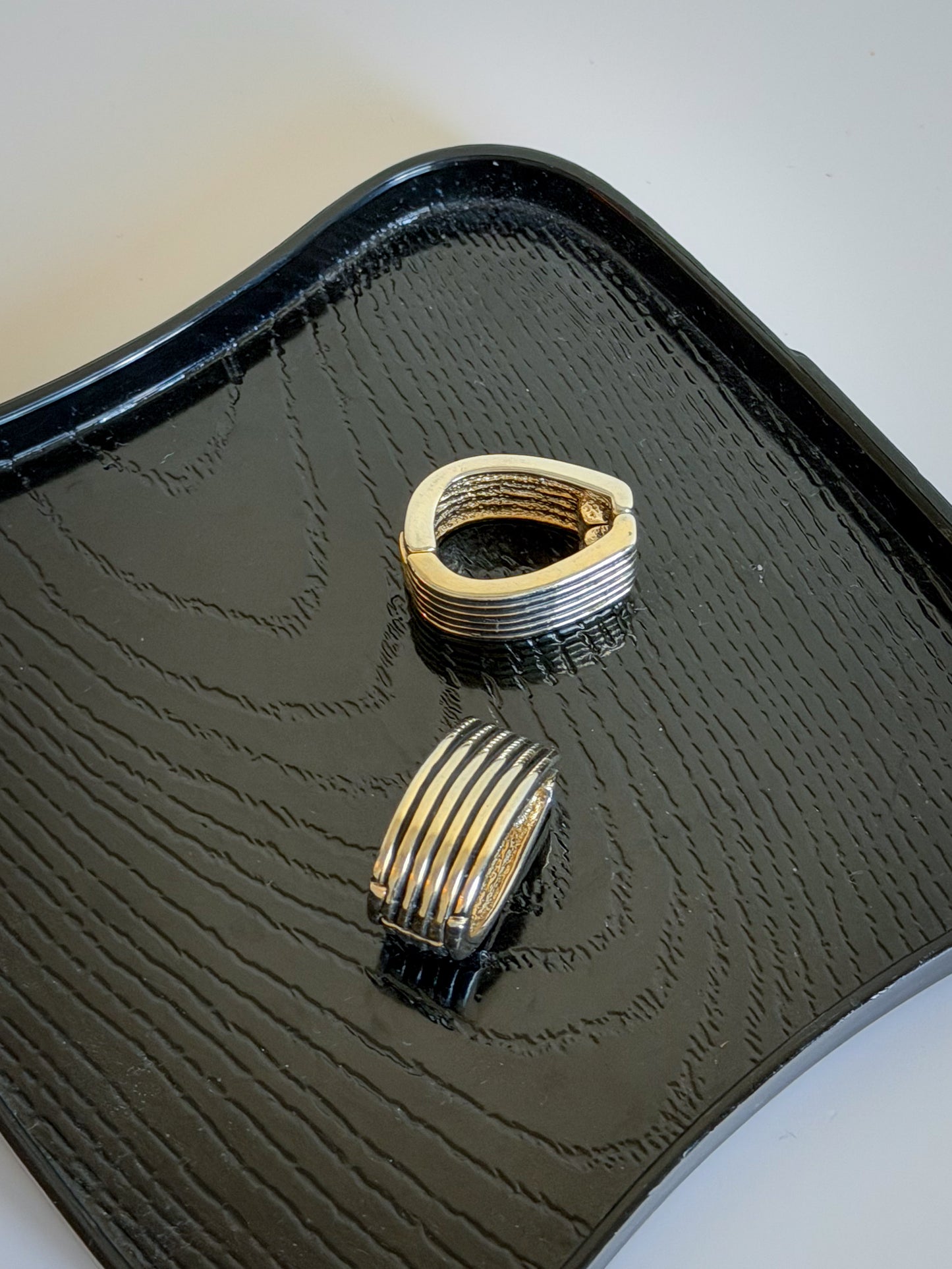 Ribbed Gold & Silver-Tone Clasp Earrings | Mid-Century Modern Sculptural Clip Ons