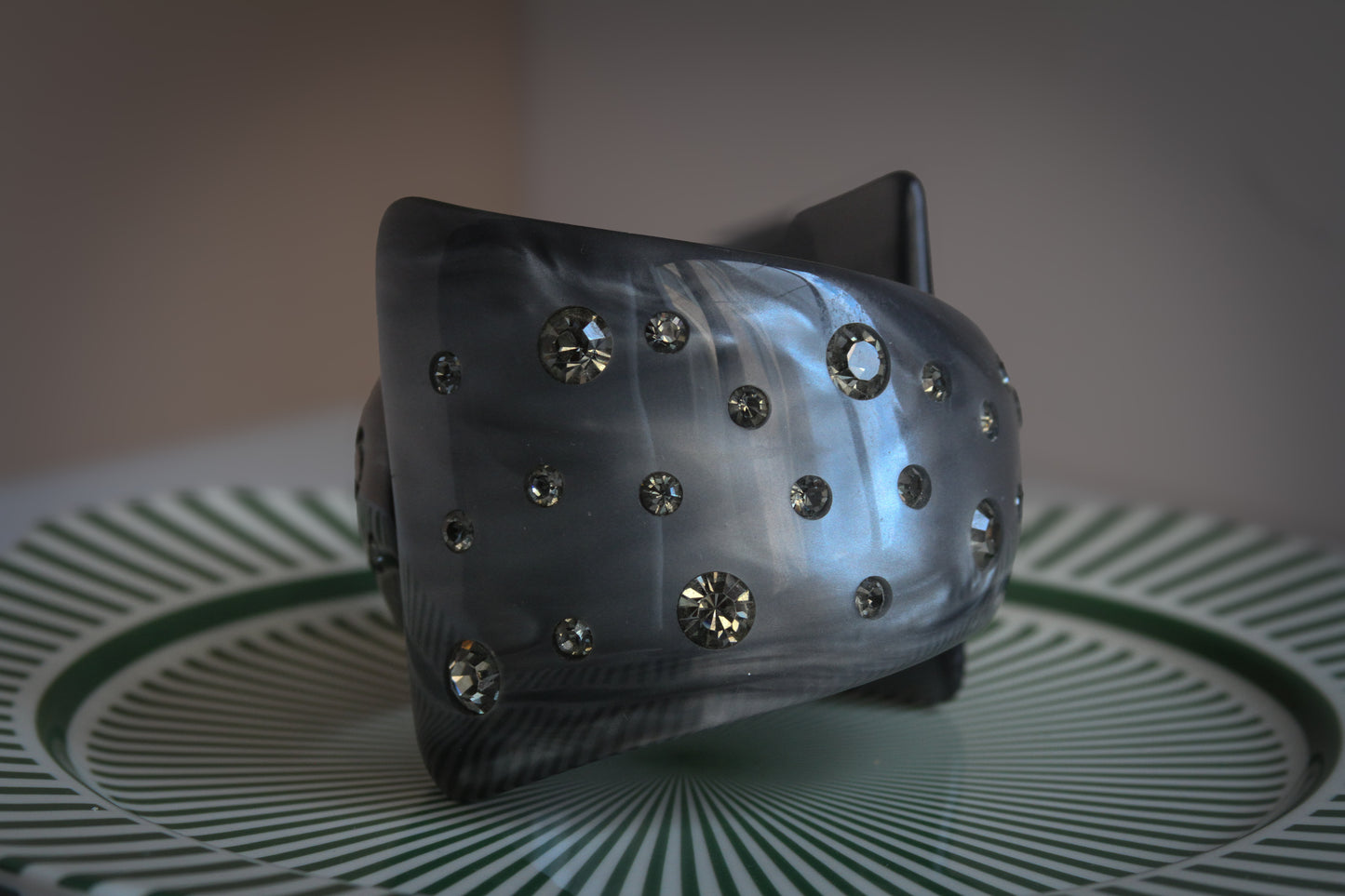 1980s Trifari Gray Lucite Rhinestone Statement Cuff Bracelet