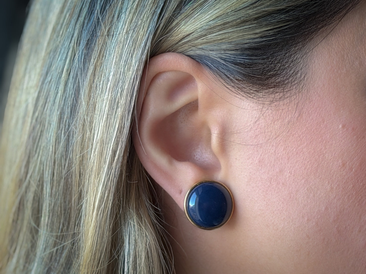 Blue Cabochon Clip-On Earrings | Gold-Tone Round Statement Earrings (PAT 273349L)