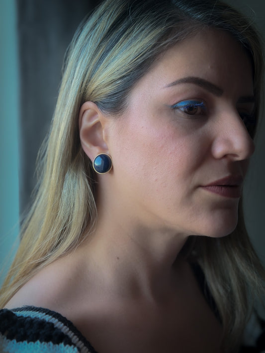 Blue Cabochon Clip-On Earrings | Gold-Tone Round Statement Earrings (PAT 273349L)