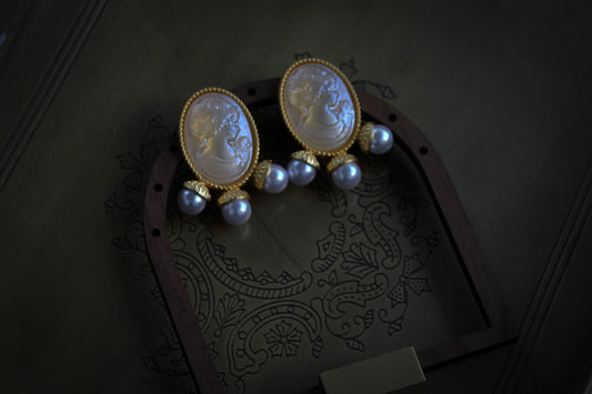 Cameo and Pearl Drop Earrings – Gold-Tone Elegance