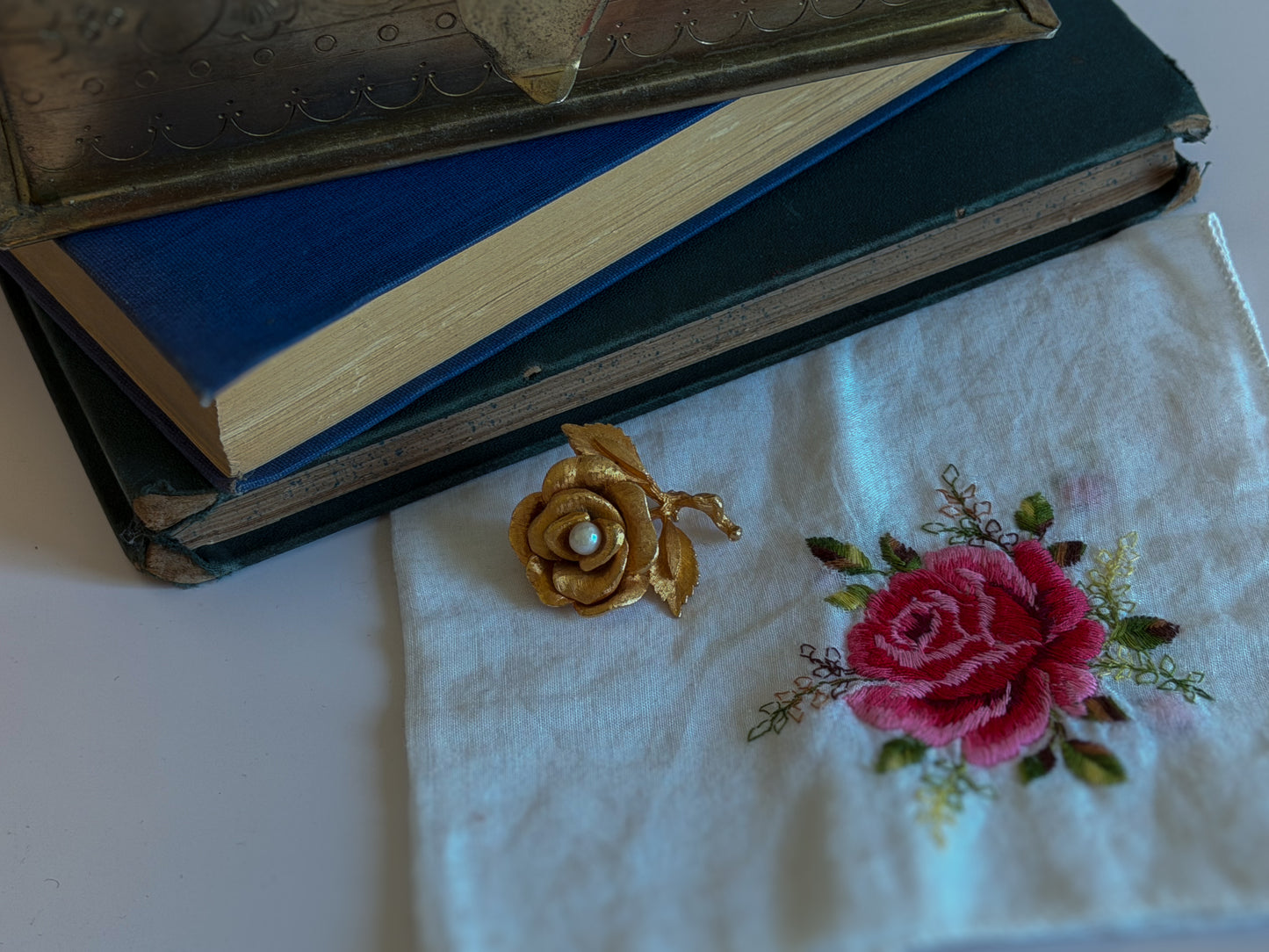 Capri Gold-Tone Rose Brooch with Faux Pearl Center