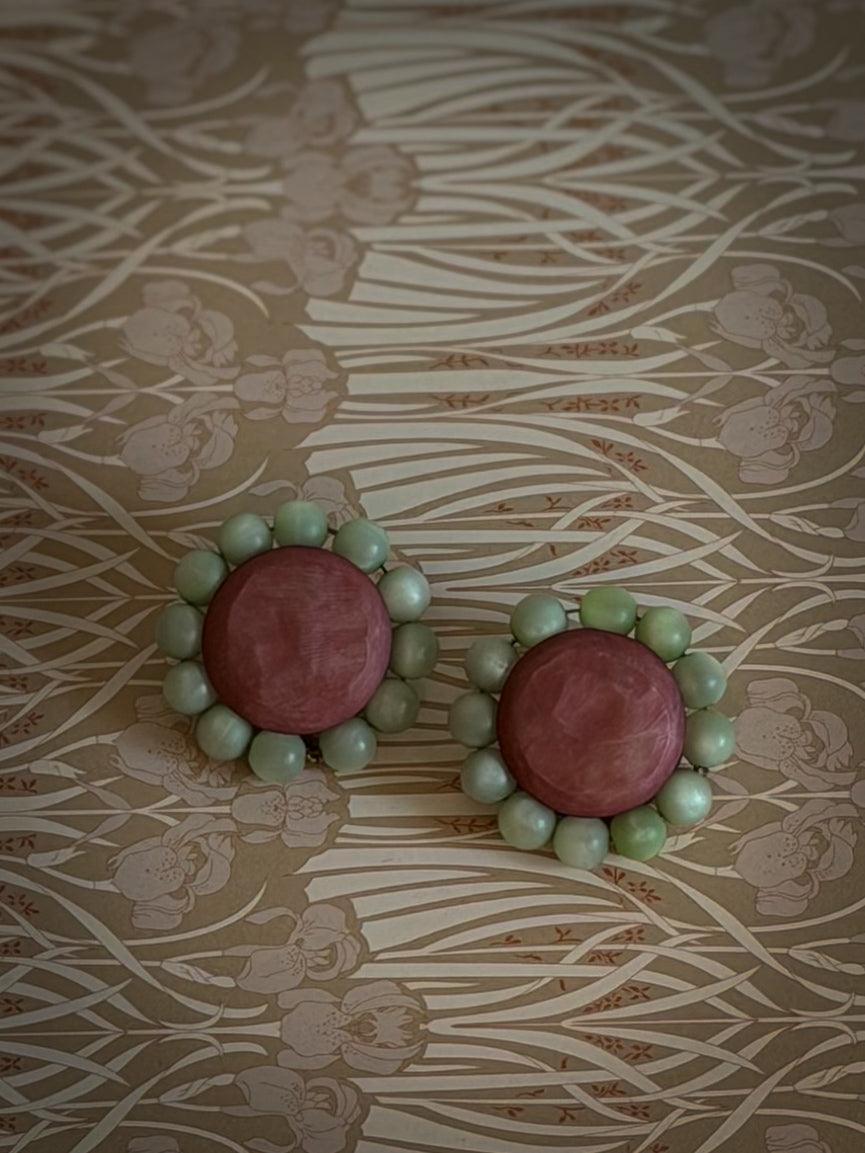 1960s Floral Clip-On Earrings | Coral Red & Mint Green Beaded Statement Earrings