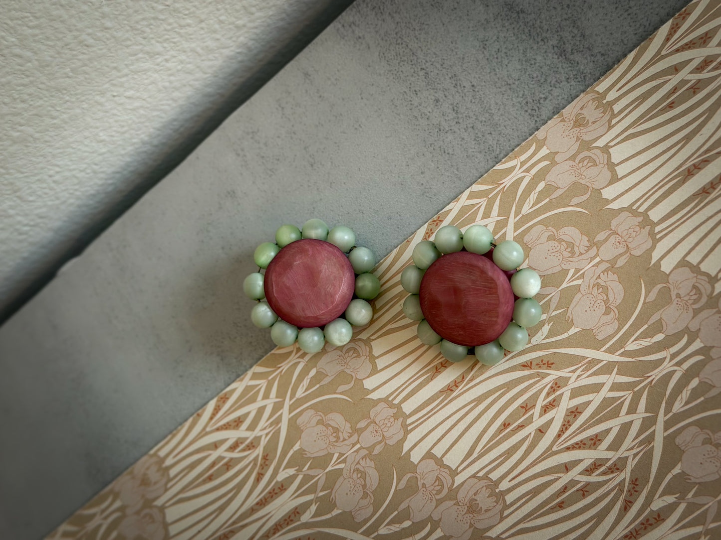 1960s Floral Clip-On Earrings | Coral Red & Mint Green Beaded Statement Earrings