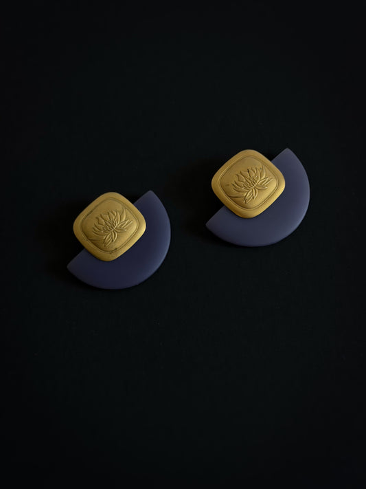 Gold Lotus & Lavender Half-Moon Earrings | Sculptural Pierced Statement Earrings
