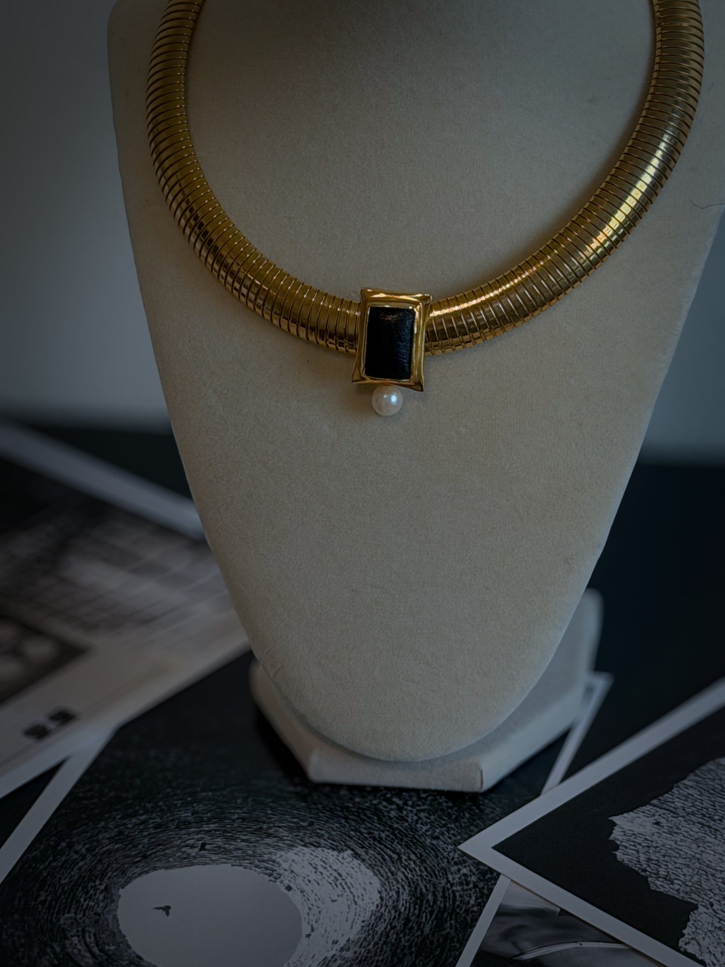 Doncaster Gold-Tone Collar Necklace with Black Inset & Pearl Drop
