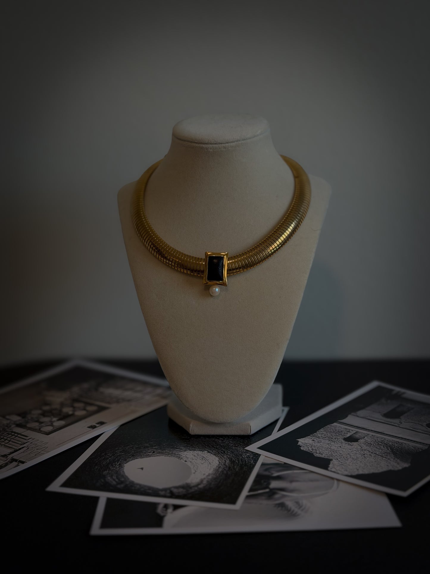 Doncaster Gold-Tone Collar Necklace with Black Inset & Pearl Drop