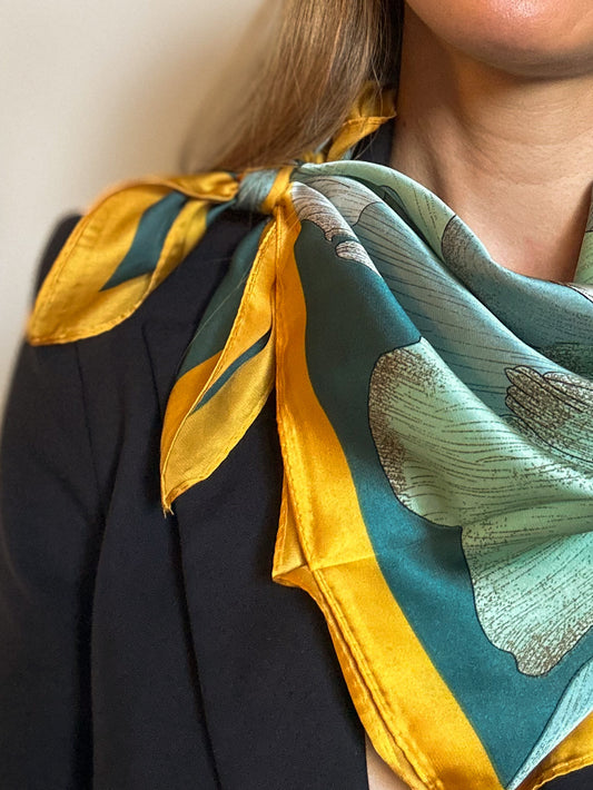 Square Silk Satin Scarf - Green & Yellow
