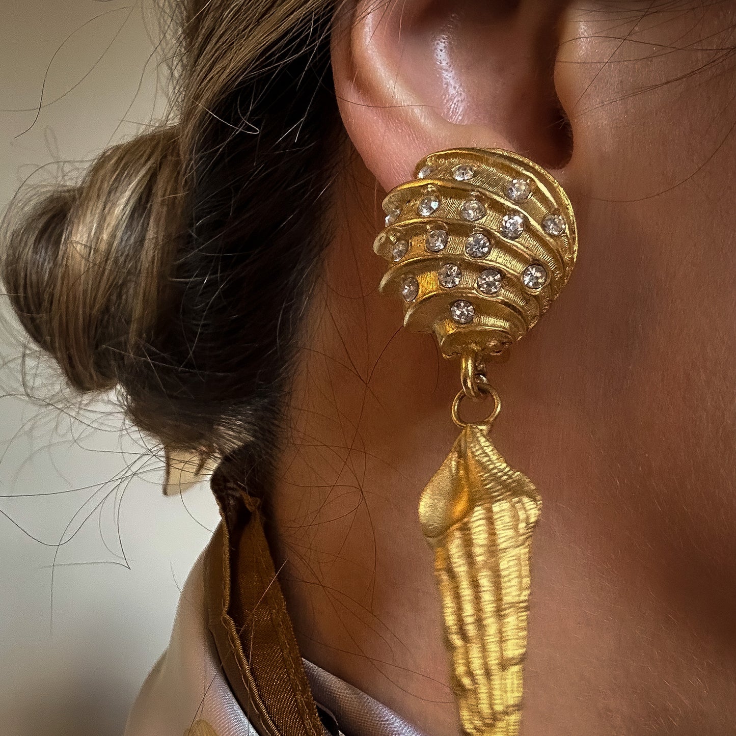 Vintage Norma Jean Shell Dangle Earrings — Matte Gold with Rhinestones