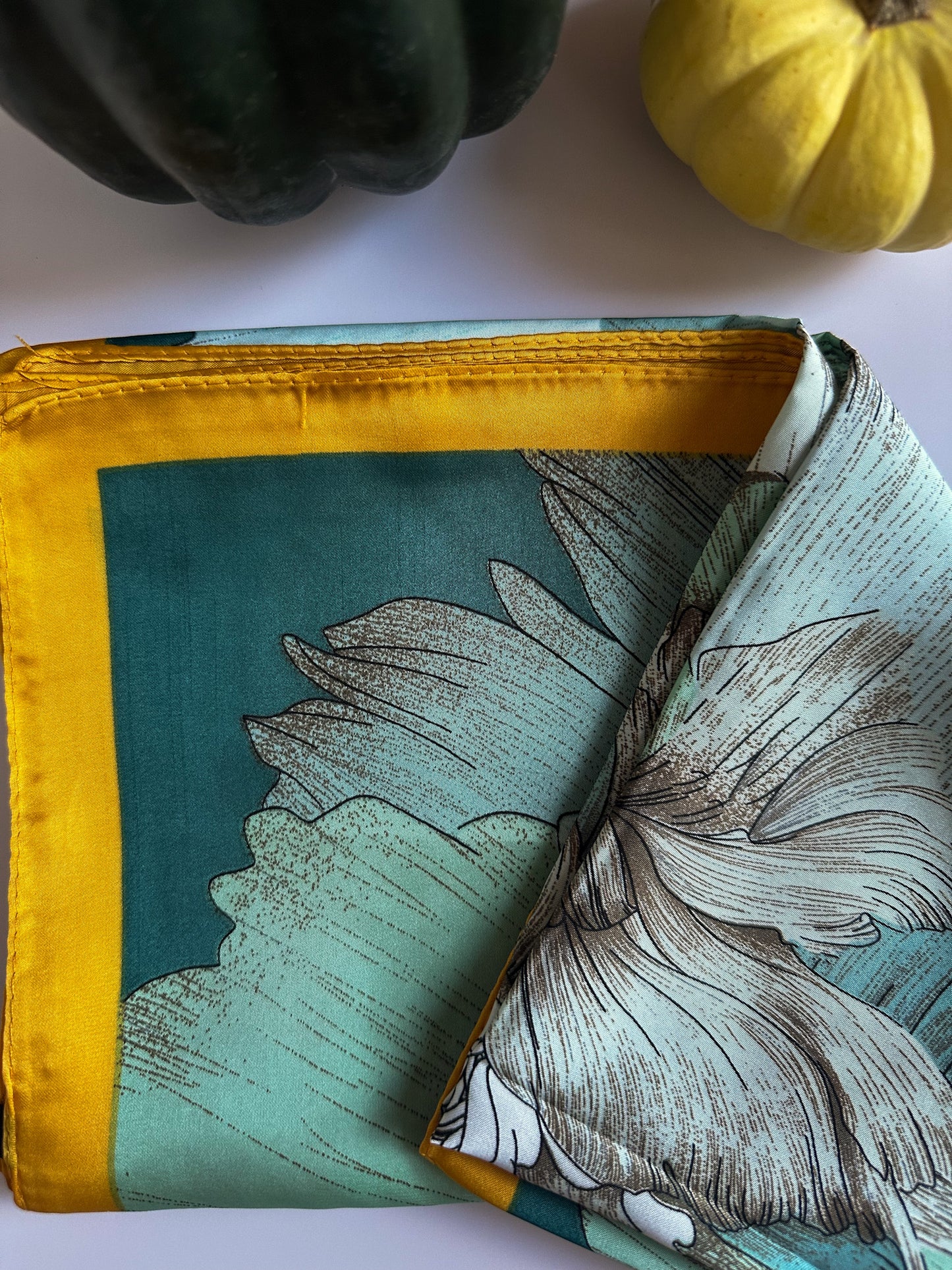 Square Silk Satin Scarf - Green & Yellow