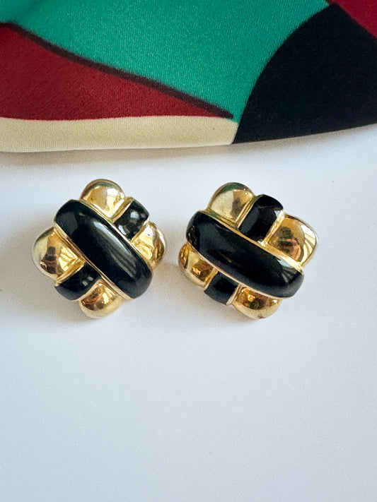 Vintage Retro Earrings Square - Black Gold