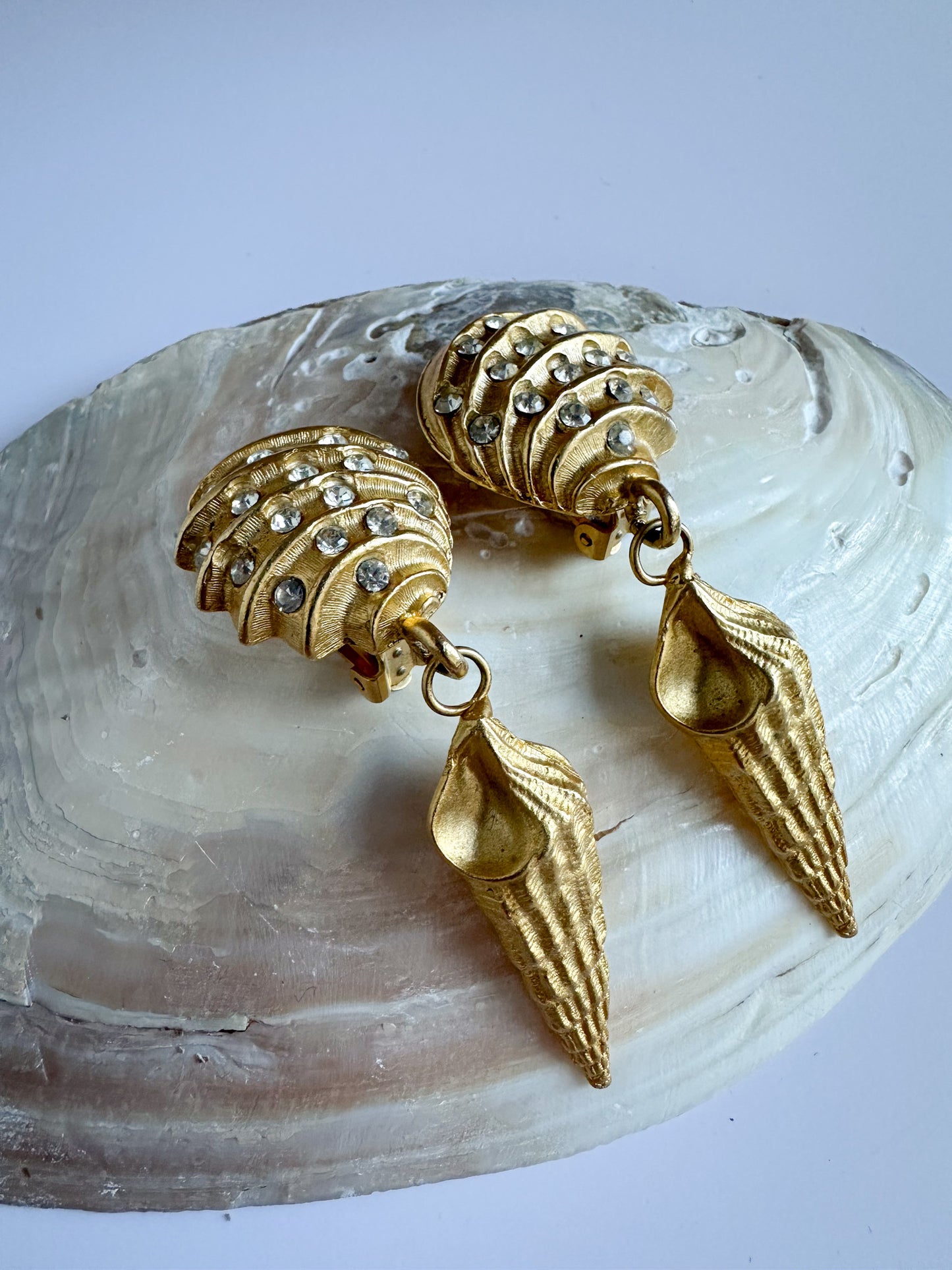 Vintage Norma Jean Shell Dangle Earrings — Matte Gold with Rhinestones