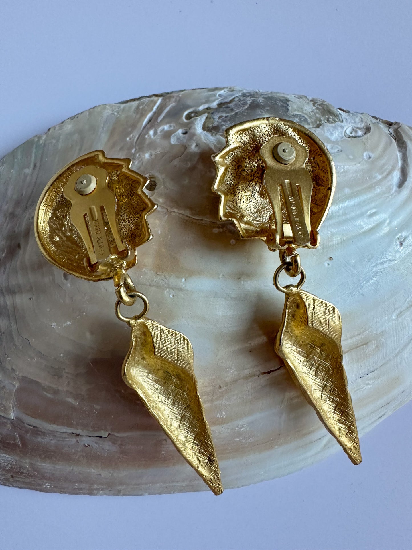 Vintage Norma Jean Shell Dangle Earrings — Matte Gold with Rhinestones
