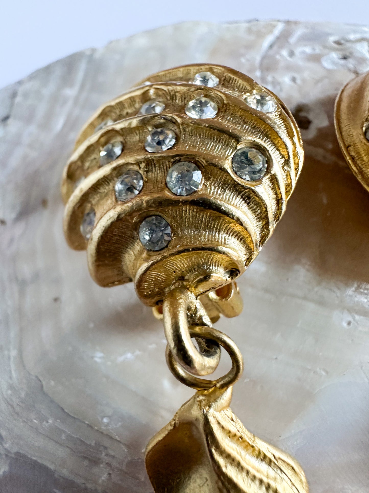 Vintage Norma Jean Shell Dangle Earrings — Matte Gold with Rhinestones