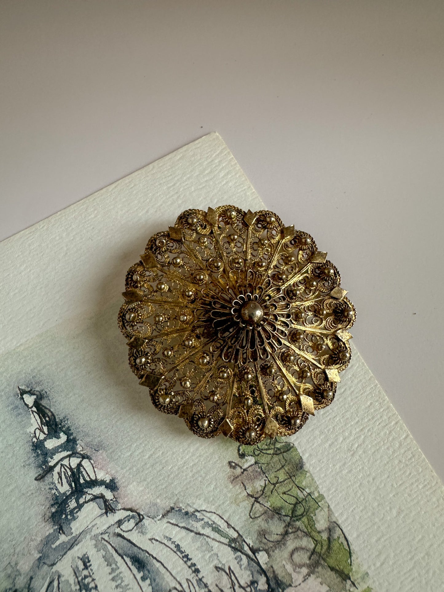 Round Filigree Brass Brooch