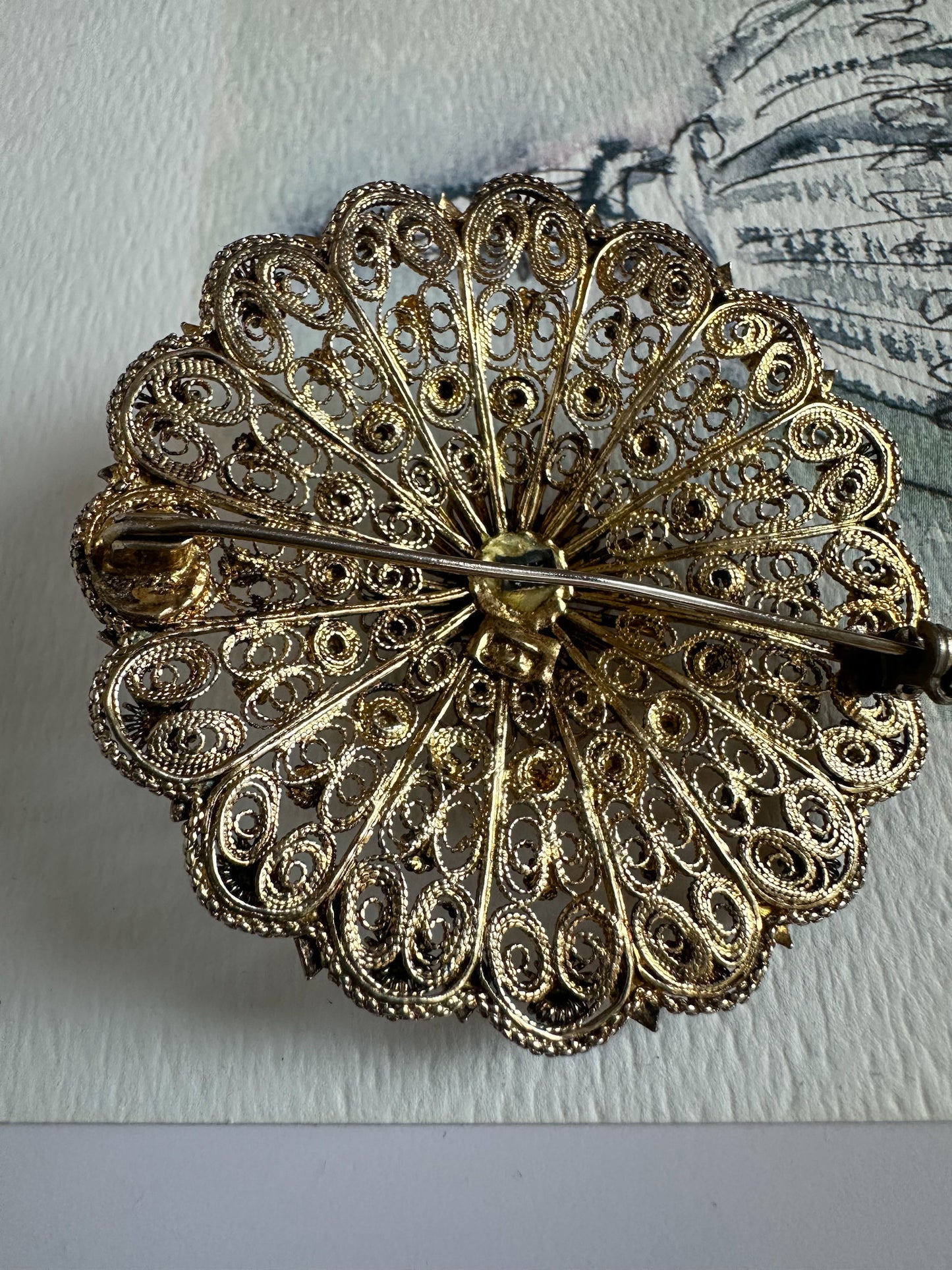 Round Filigree Brass Brooch