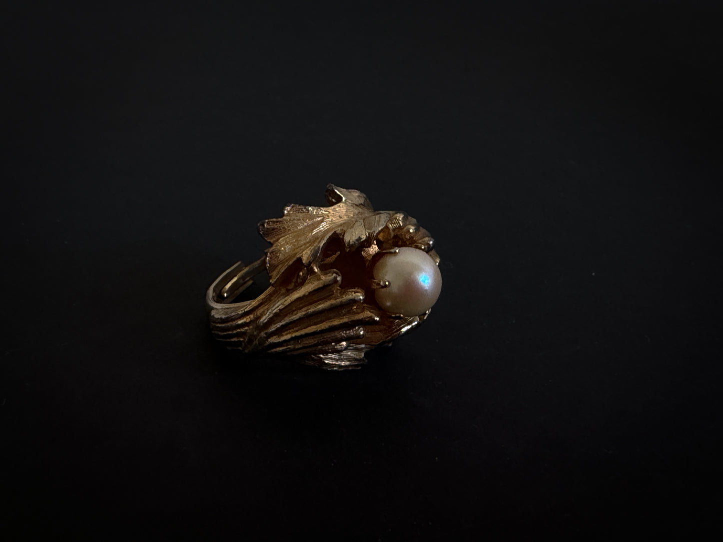 Gold Tone Leaf Ring with Pearl Center – Sculptural Botanical Statement Ring, Adjustable Size 7