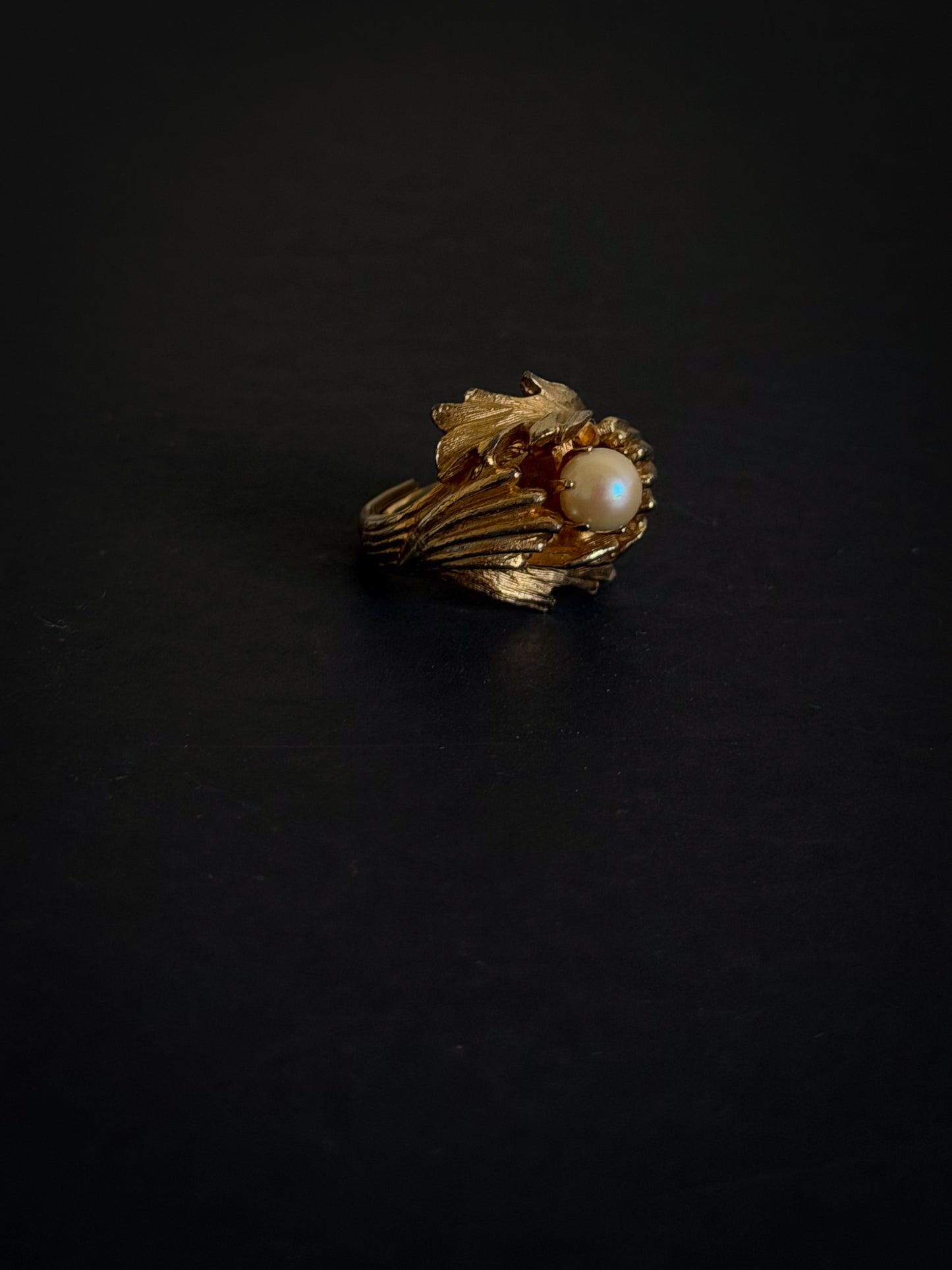 Gold Tone Leaf Ring with Pearl Center – Sculptural Botanical Statement Ring, Adjustable Size 7