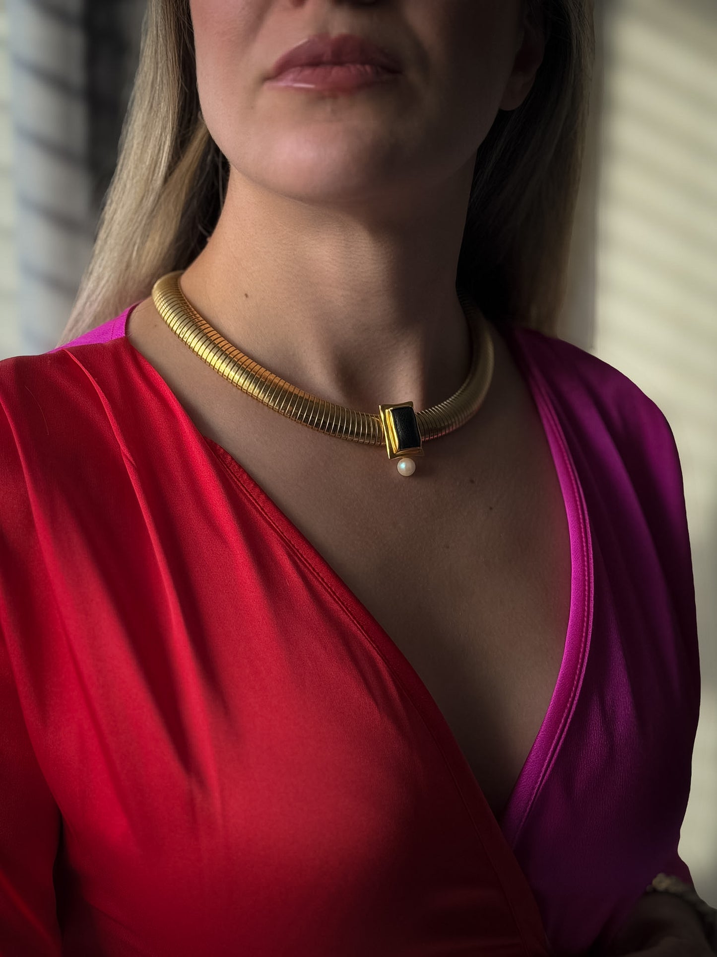 Doncaster Gold-Tone Collar Necklace with Black Inset & Pearl Drop