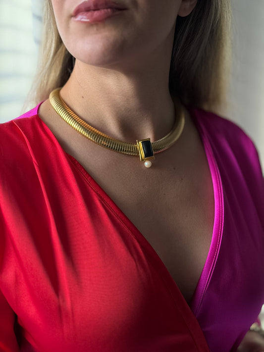 Doncaster Gold-Tone Collar Necklace with Black Inset & Pearl Drop