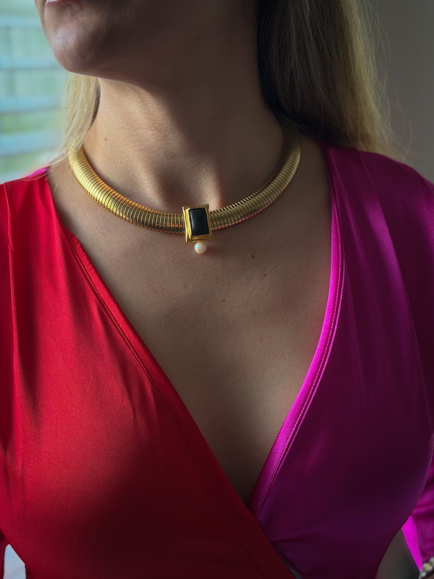 Doncaster Gold-Tone Collar Necklace with Black Inset & Pearl Drop