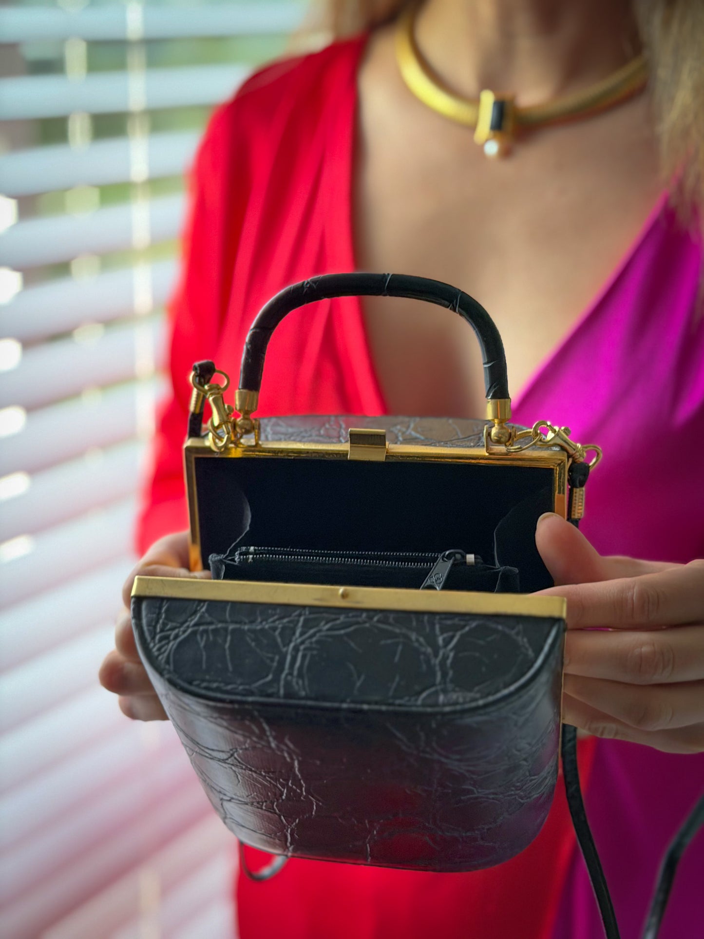 Black Croc-Embossed Minaudière Top Handle Bag with Gold Frame