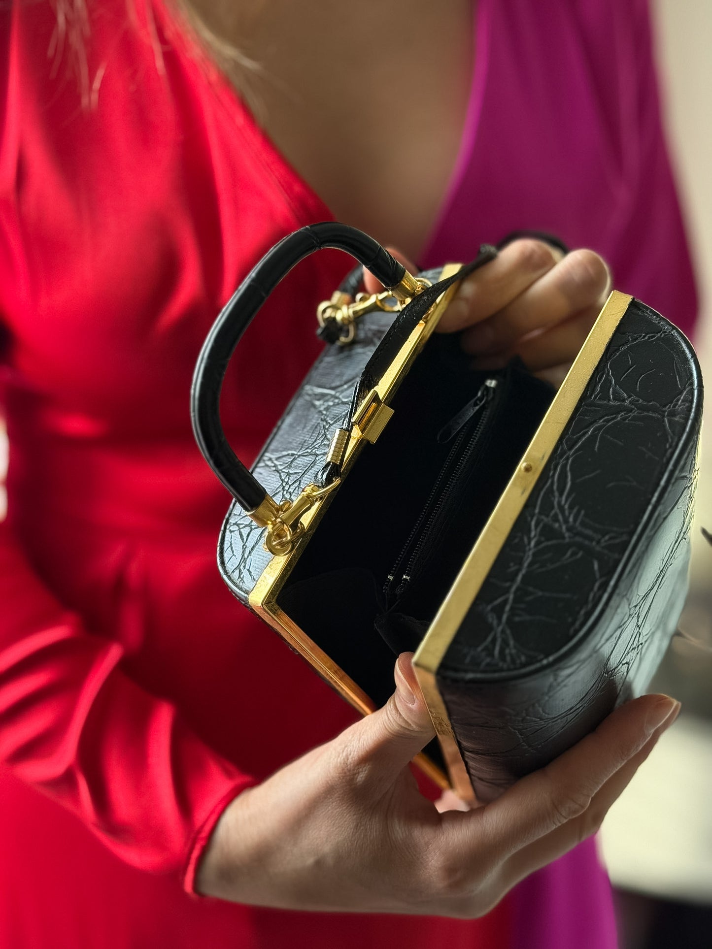 Black Croc-Embossed Minaudière Top Handle Bag with Gold Frame