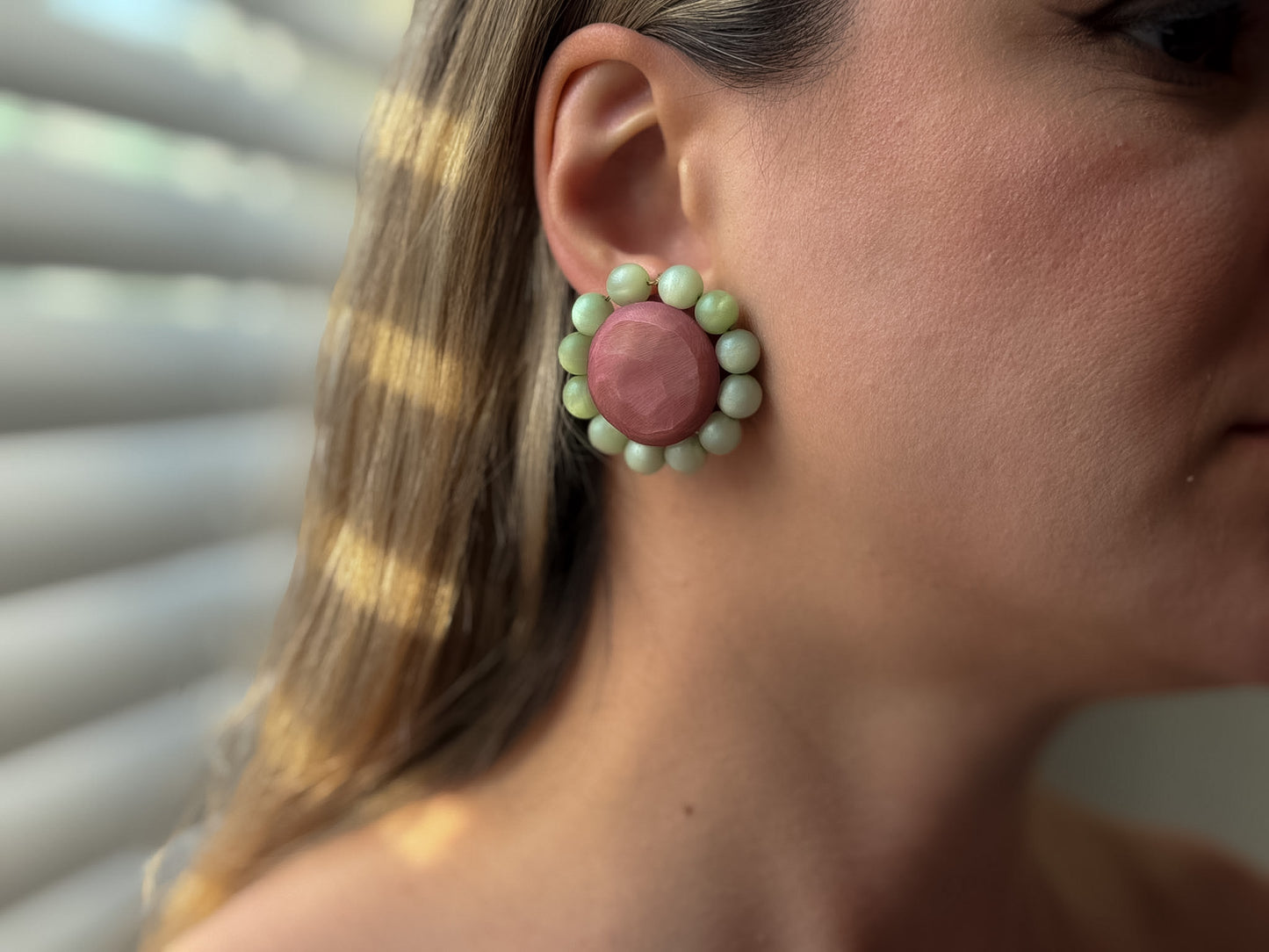 1960s Floral Clip-On Earrings | Coral Red & Mint Green Beaded Statement Earrings