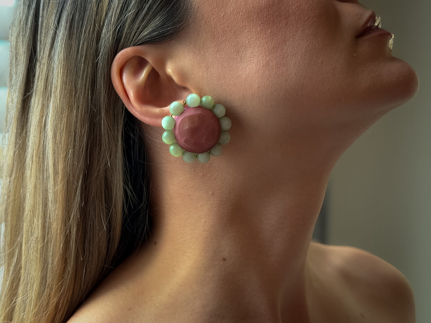 1960s Floral Clip-On Earrings | Coral Red & Mint Green Beaded Statement Earrings