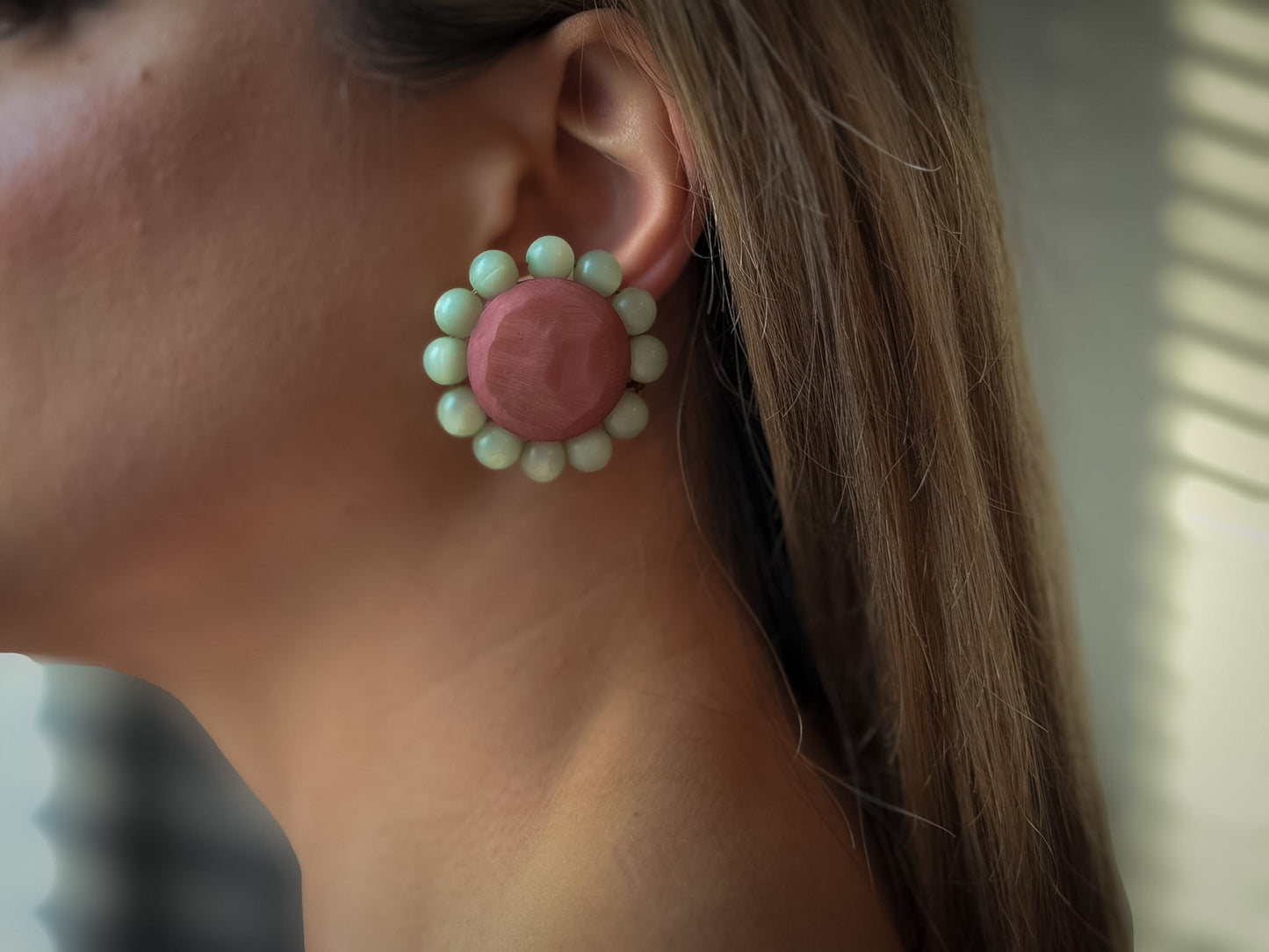 1960s Floral Clip-On Earrings | Coral Red & Mint Green Beaded Statement Earrings