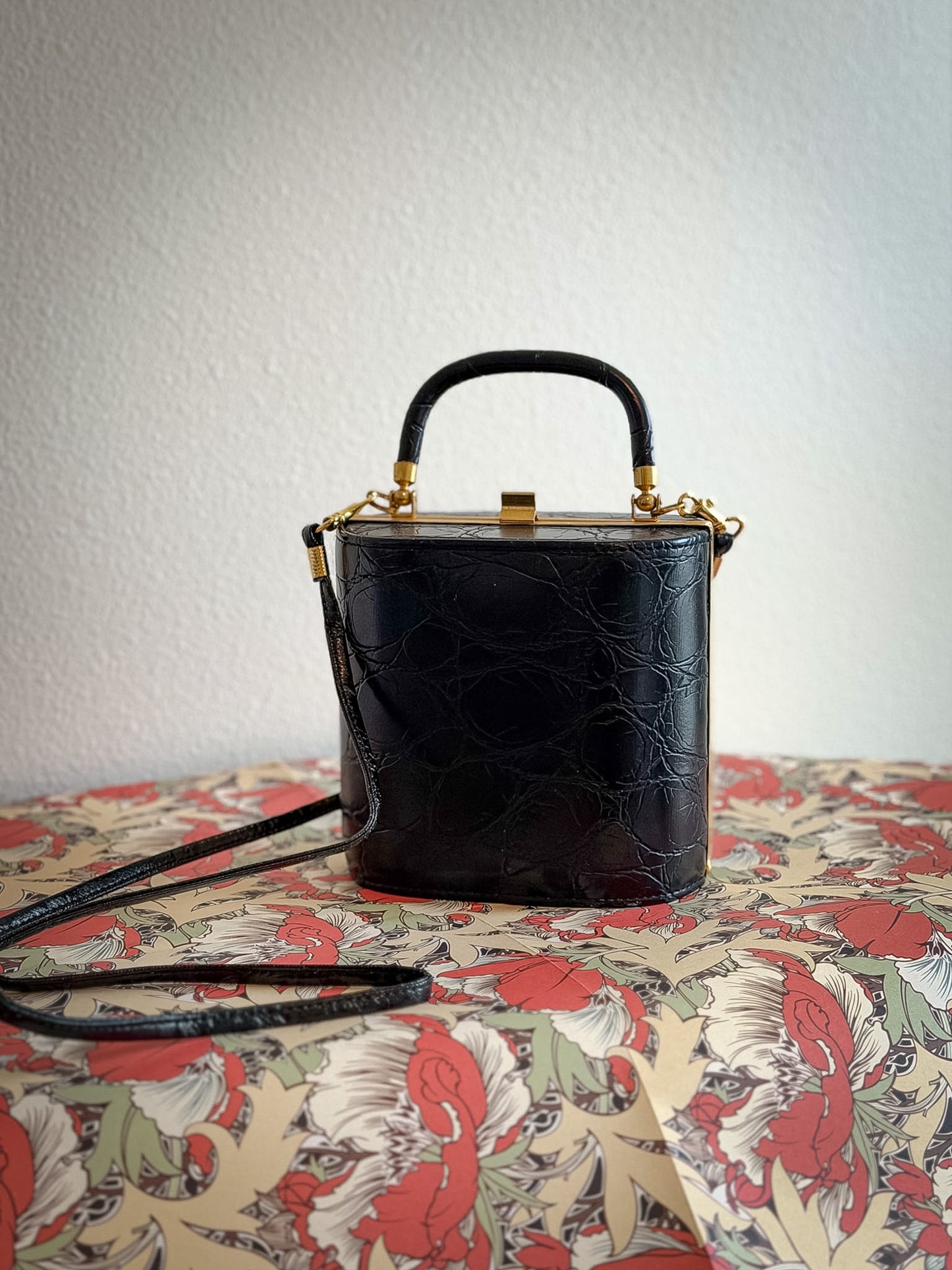 Black Croc-Embossed Minaudière Top Handle Bag with Gold Frame