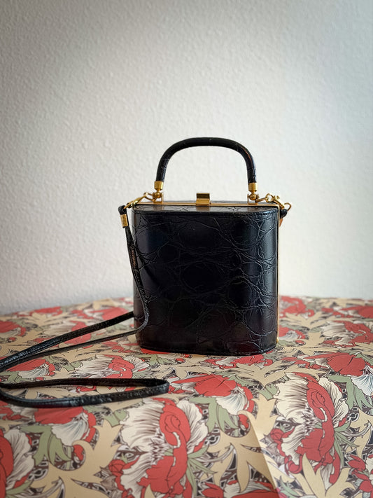 Black Croc-Embossed Minaudière Top Handle Bag with Gold Frame